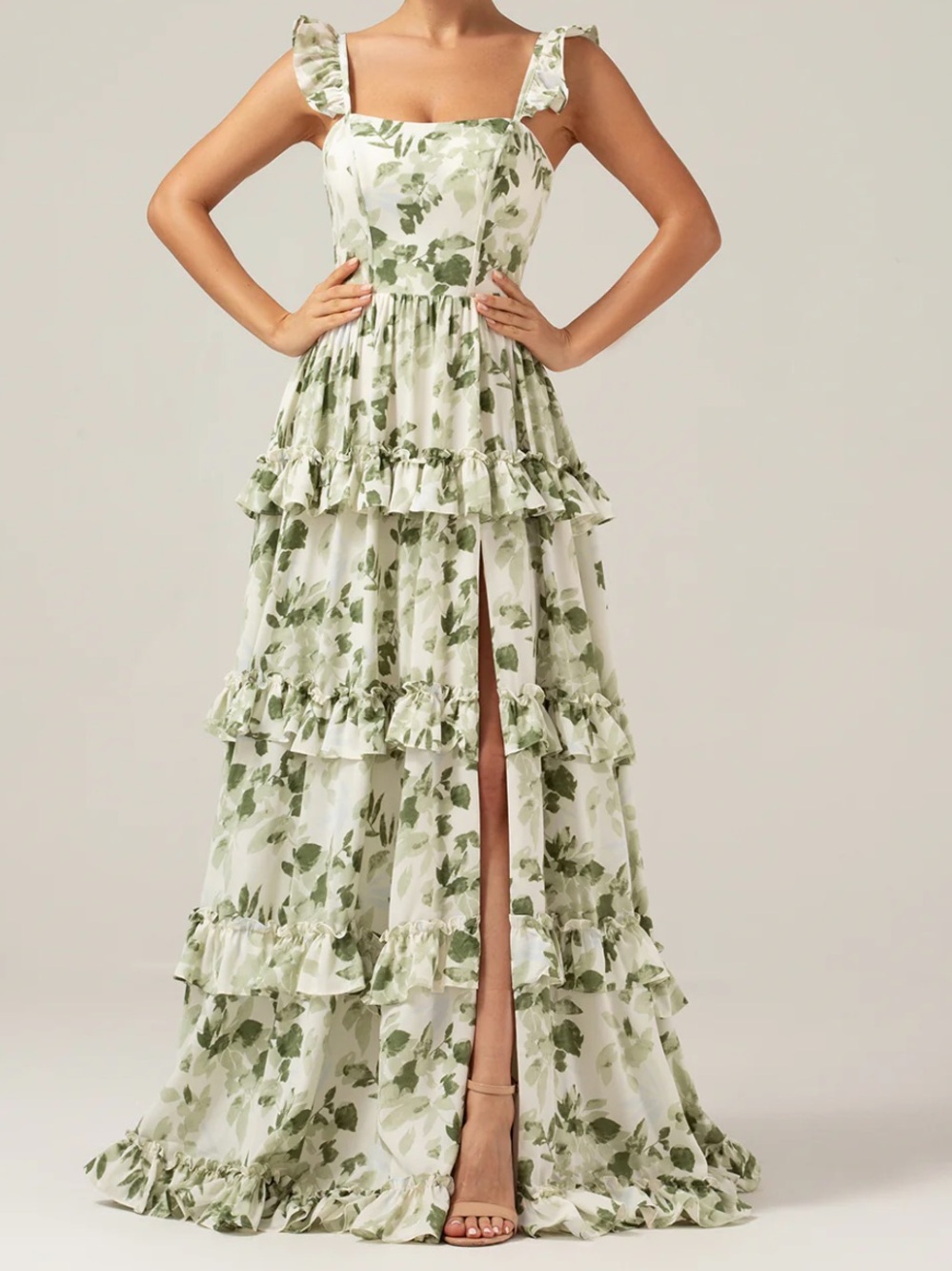 Floral Ruffle Tiered Maxi Dress in Sage Green -